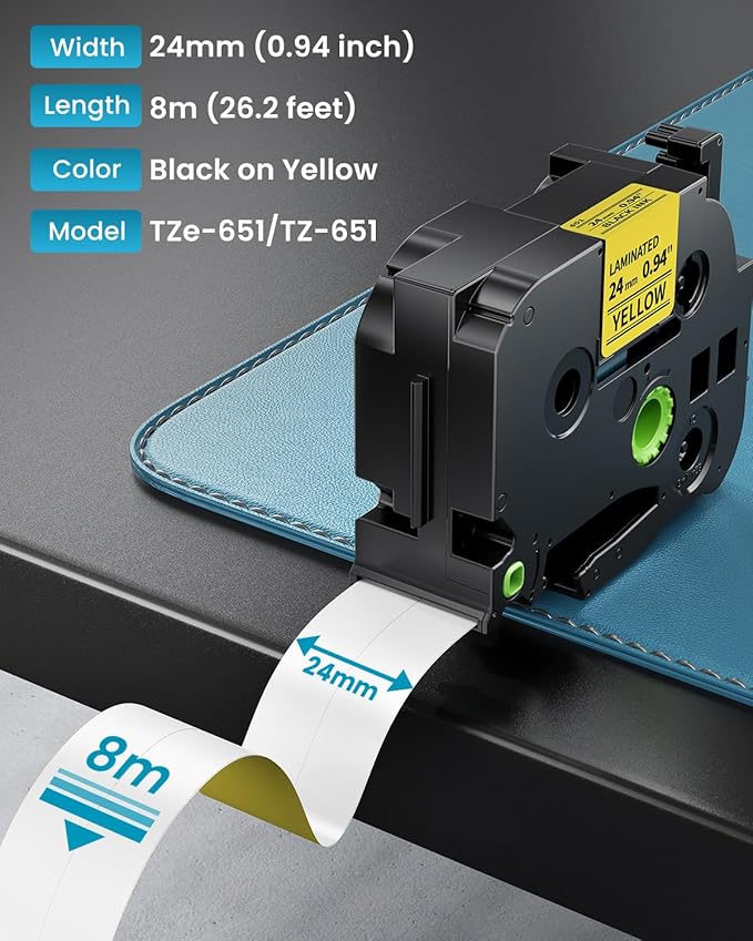 24mm Yellow Label Tape Replacement for Brother TZe-651 TZe651 P Touch Label Tape 1 Inch TZe TZ Tape 24mm 0.94 Laminated Yellow, Compatible with PT-D600 PT-D610BT PT-P700 PT-P710BT PT-T910BT, 4-Pack