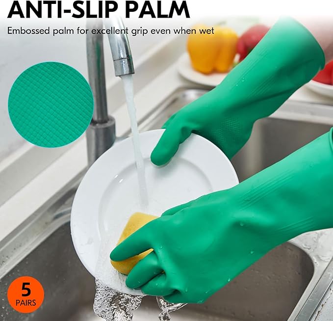 Vgo... 5-Pairs Reusable Household Gloves, Rubber Dishwashing gloves, Extra Thickness, Long Sleeves, Kitchen Cleaning, Working, Painting, Gardening, Pet Care (Size XL, Green, HH4601)