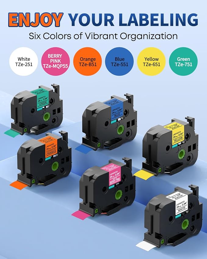 24mm Label Maker Tape Replacement for Brother P Touch TZe TZ Label Tape 1 Inch 0.94 Laminated, Compatible with PT-D600 D610BT P700 P710BT, White/Berry Pink/Orange/Blue/Yellow/Green, 26.2 feet, 6-Pack