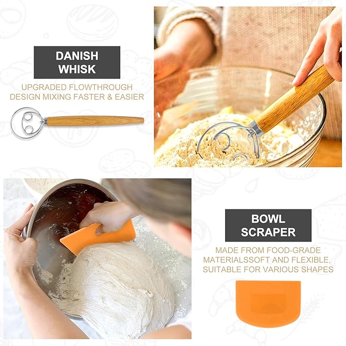 UDUK Sourdough Starter Kit - Bread Proofing Basket Set with 9.6" Oval Banneton Baskets x2, Silicone Bread Sling Baking Mat, Whisk Cutter Scraper Lame - Ideal Sourdough Bread Baking Supplies