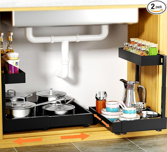 Expandable Under Sink Organizer 2 Pack, 2 Tier Pull Out Under Cabinet Organizer Adhesive, Pull Out Storage Shelf for Kitchen Bathroom Laundry, Heights Adjustable Black