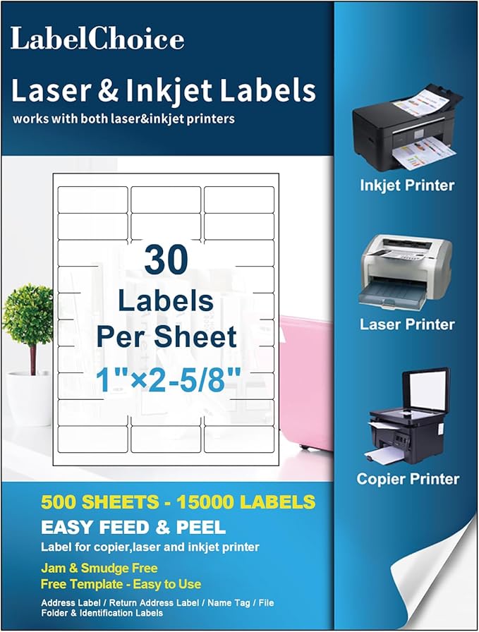500 Sheets 15000 Pcs 30 Up Labels 1" x2-5/8 Shipping Address Labels for Laser & Inkjet Printers, Mailing Labels 30 per Sheet Return Address Stickers, 30 per Page on US Letter