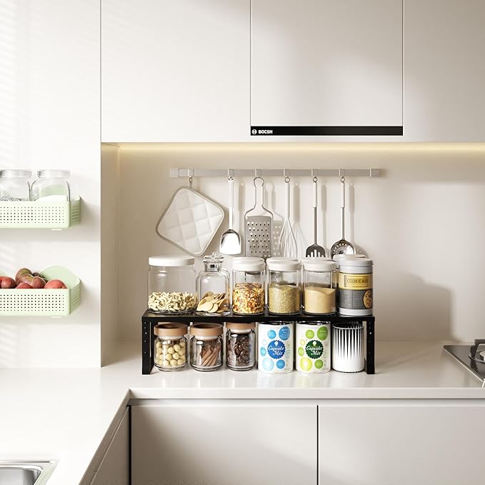 Wobmmi Expandable,Adjustable & Stackable Spice Rack, Cabinet Kitchen Countertop Shelf Organizer,Metal Pantry Storage Shelves - Space-Saving Storage Solution(1Pack/Black/Medium)