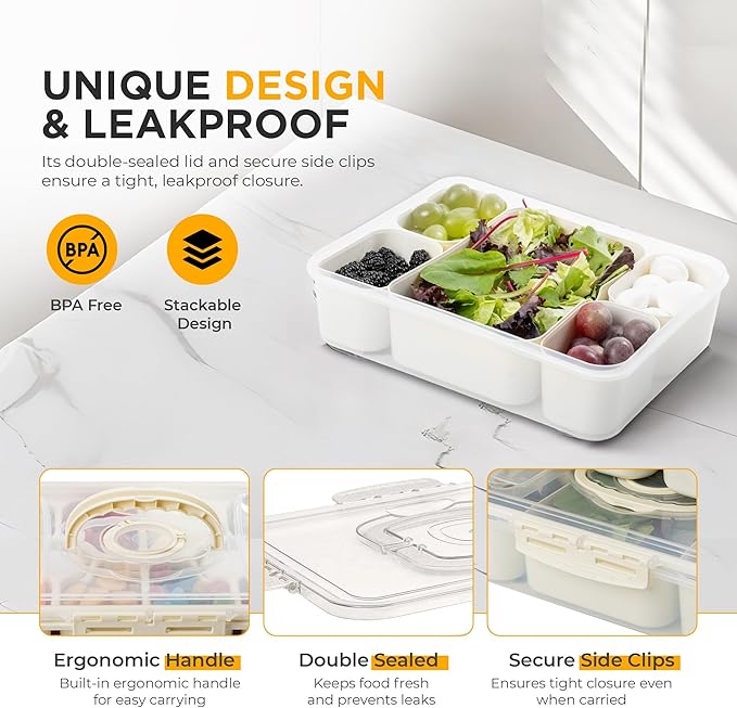 Snackle Box Container - Divided Serving Tray with Lid & Handle - Portable Multi-Compartment (10 & 5) Snack Organizer for Travel, veggies, Nut, fruit, Picnic & party - Dishwasher &Microwave safe