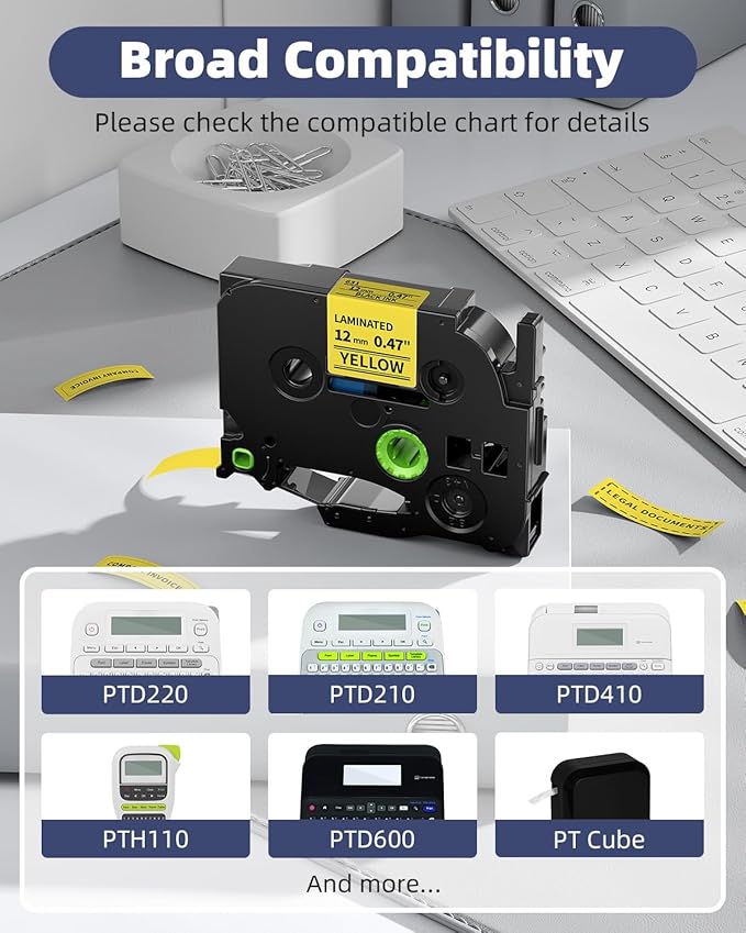 TZe-631 Black on Yellow Tape 12mm Compatible with Brother P Touch Label Maker Tape Laminated 12mm 0.47 Yellow, for PTH110 D200 D210 D220 P300BT 1090 1190 1230 1280 1290 Refills, (12 mm x 8m), 6 Pack