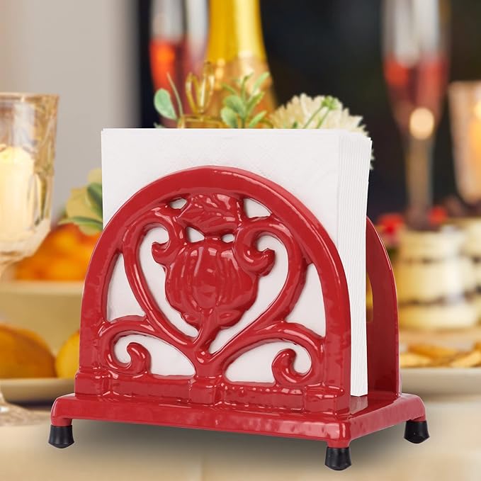MINLUFUL Napkin Holder for Table - Vintage Farmhouse Kitchen Restaurant Cast Iron Napkin Holder for Dinner Cocktail Paper Napkins, Red