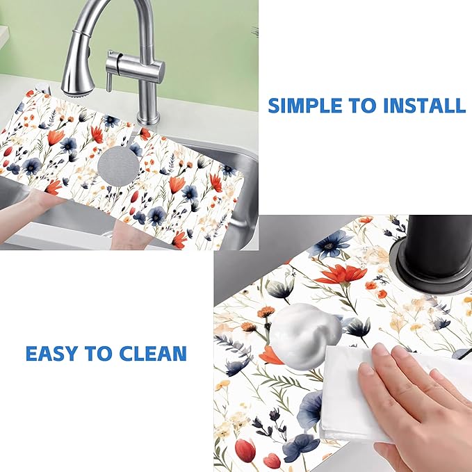 Watercolor Red and Blue Flowers Sink Faucet Absorbing Mat Sink Splash Guard Faucet Mat Draining Mat Fast Drying Sink Protectors for Kitchen and Bathroom 5.5"×15"