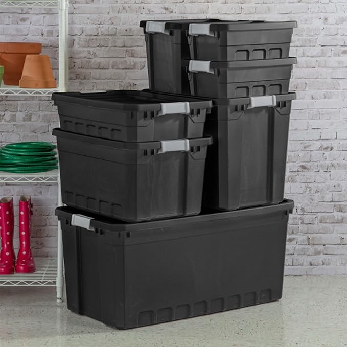 Sterilite 18-Pack Plastic Storage Bins with Lids, Stackable Containers, 7.5 Gallon, Black