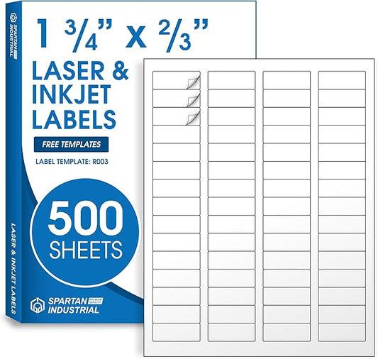 1 3/4" X 2/3" Matte White Printable Labels for Inkjet and Laser Printers - 500 Sheets, 30000 Custom Stickers for Return Address Labels, Price Tags, File Folders - Spartan Industrial Template R003