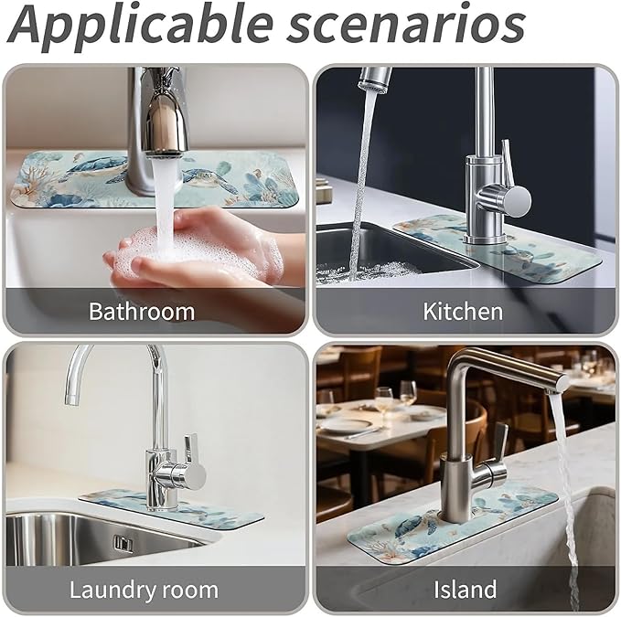 Kitchen Sink Splash Guard，two turtles Faucet Mat Sink Gadgets-Super Absorbent Fast Drying Mat Drip Catcher for Kitchen, Bathroom,Sink Mat, Dish Drying Mat, Bathroom(15" X 5.5" )