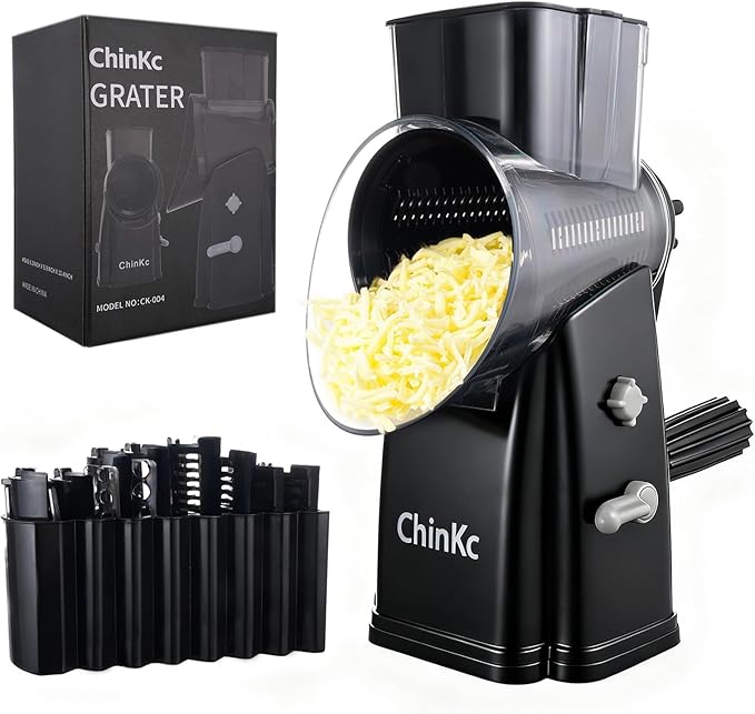 ChinKc Upgrade Rotary Cheese Grater Shredder with Handle, Strong Suction Base, Multi-purpose Rotary Grater Slicer with 5 Interchangeable Blades for Ice, Vegetables, Fruit, Nuts with Blade Storage Box