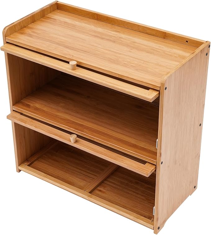 Storage Cabinet, Natural Bamboo Storage Bins and Boxes Organizer, Acrylic Door 2-Tier Design Vertical Storage Space Countertop Storage Cabinet, Deck Mounted Open Top Floor Kitchens Cabinets