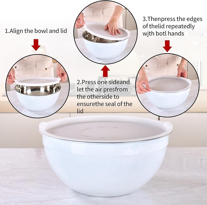 LKTDYMEG White Mixing Bowls with Lids Set of 7, Stainless Steel Nesting Bowl with Khaki Lid for Non-slip Mixing Prepping Storing Serving, 7 Sizes-7/3.6/2.7/2.1/1.5/1/0.8 QT