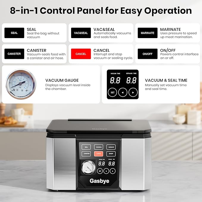 Chamber Vacuum Sealer – 5.28QT Large Chamber, Replaceable 11.5" Sealing Bar with Double Seal, Perfect for Meats, Soups, Sauces & Liquids, Includes 30 Pre-Cut Vacuum Bags, Stainless Steel