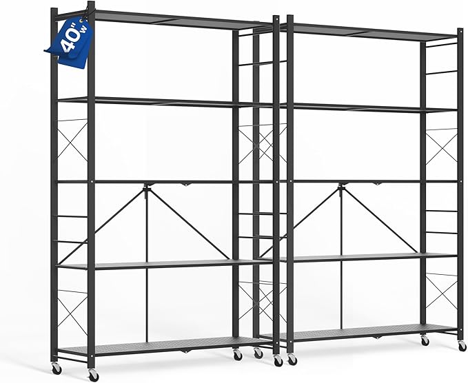 ALANNG 40" W Foldable 5-Tier Storage Shelves with Wheels, Adjustable & Removable Metal Rack, Heavy Duty Rolling Organizer for Kitchen, Garage, Closet, Pantry, and Office (Black,2 Pack)