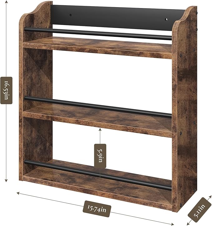 BCOZLUX Spice Rack Wall Mounted, Wood 3 Tier Spice Rack for Countertop, Vertical Spice Organizer for Spice Jars and Seasonings, Hanging Spice Shelf for Kitchen Cabinet, or Pantry, Rustic Brown