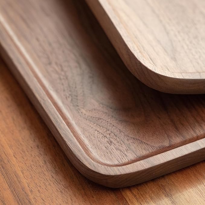 Vandroop Wood Serving Tray, Small Trays for Storage, Rectangle Wooden Plates for Serving Food, Tea and Coffee, Decorative Vanity Tray for Bathroom, Tray for Kitchen Counter(Set of 2, Walnut)