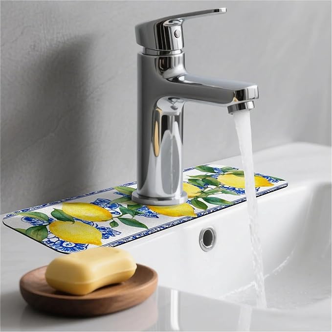 Kitchen Sink Splash Guard，Lemons and blue tiles Faucet Mat Sink Gadgets-Super Absorbent Fast Drying Mat Drip Catcher for Kitchen, Bathroom,Sink Mat, Dish Drying Mat, Bathroom(15" X 5.5" )