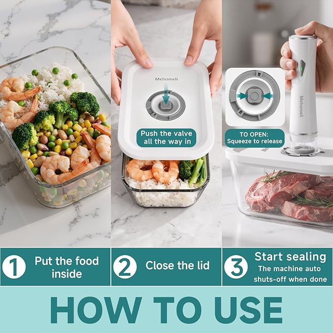Compact Vacuum Sealer for Food (Vacuum Sealer Machine+3 Glass Vacuum Containers+30 Reusable Vacuum Bags),Powerful Handheld Vacuum Seal Machine,Seal Meal Saver,Portable Food Sealer,Easy-Clean