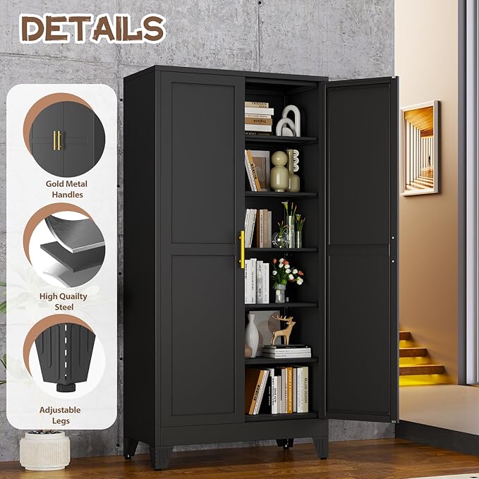 Tall Metal Kitchen Pantry Storage Cabinet with 2 Doors and 5 Adjustable Shelves - 75.2" Kitchen Cabinet with Gold Handles for Kitchen, Bathroom, Dining Room, Living Room - Black