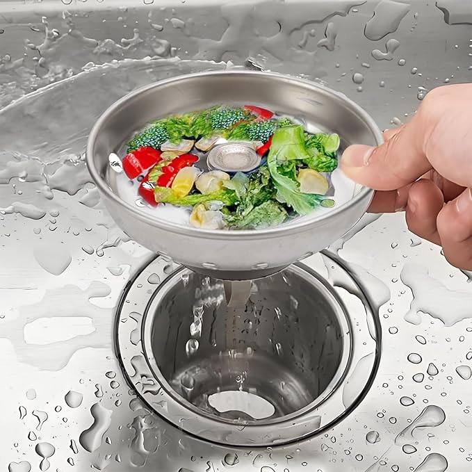 2 Pack Sink Drain Strainer, Kitchen Sink Drain Strainer And Stopper Combo Basket Spring Clip Replacement for Standard 3-1/2 inch Drain, Stainless Steel Basket with Knob, Rubber Stopper Bottom