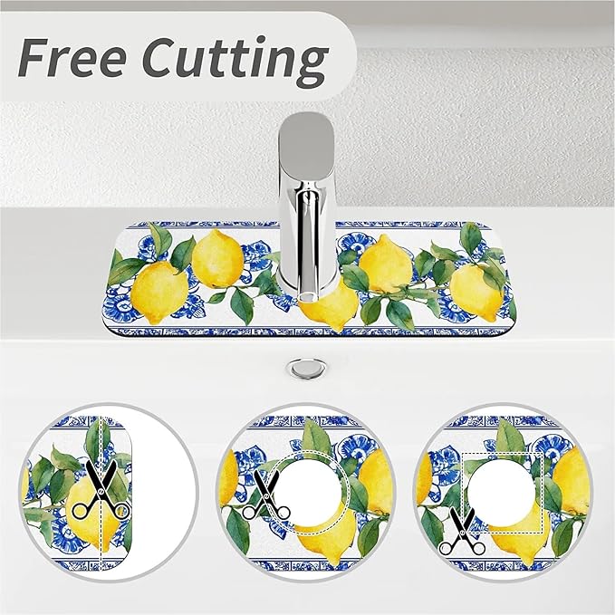 Kitchen Sink Splash Guard，Lemons and blue tiles Faucet Mat Sink Gadgets-Super Absorbent Fast Drying Mat Drip Catcher for Kitchen, Bathroom,Sink Mat, Dish Drying Mat, Bathroom(15" X 5.5" )