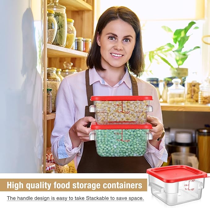 Suclain 2 Pcs Square Food Storage Container Polycarbonate Clear Food Container with Lid Commercial Rice Storage with Graduations for Commercial Kitchen(2 Qt,Red)