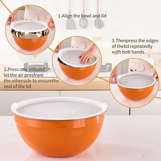 Moxinox Orange Mixing Bowls with Airtight Lids, Stainless Steel Nesting Mixing Bowls Set of 7, Ideal for Baking, Prepping and Serving Food, Size 7, 3.6, 2.7, 2.1, 1.5, 1.1,0.8 QT, Stackable Design