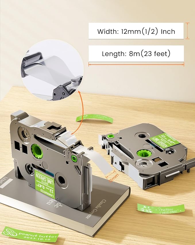 Tze-MQG35 Label Maker Tape Replacement for Brother P-Touch Label Tape White on Lime Green TZe Tz 12mm 0.47 Laminated Matte for Ptouch PT-D210 D220 D200 Refills, 12 mm(1 Inch) x 8m(26.2ft), 3 Pack