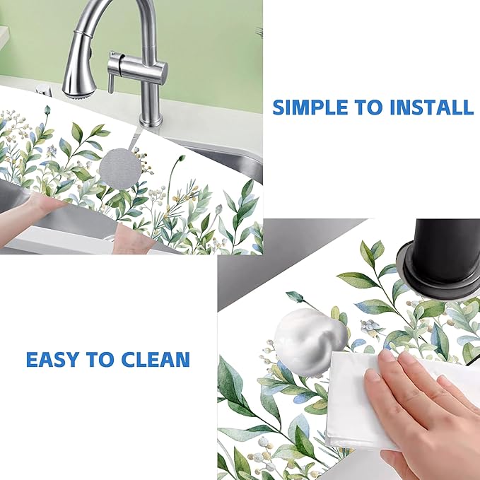 Watercolor Green Branch Leaves Dish Drying Mat for Kitchen Sink Splash Guard Behind Faucet Sink Mat Absorbent Fast Drying Faucet Draining Mat for Bathroom Kitchen 5.5"×24"