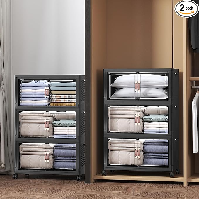 Extra Large Stackable Storage Bins with Lids & Wheels, 330QT-55QT/14GAL*6Pack Foldable Collapsible Closet Organizers Dark Storage Cabinet with Doors for Bedroom Dorm