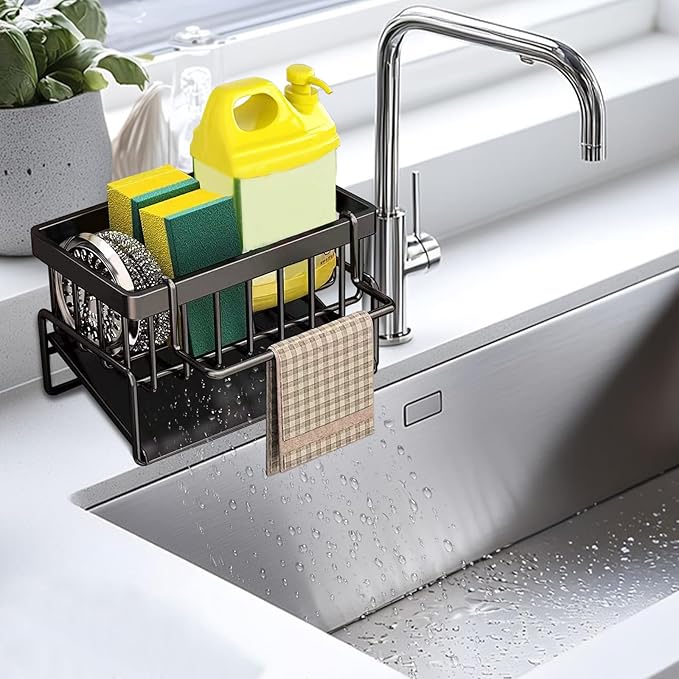 kitchen sink caddy, dish sink sponge holder (With rod-black)