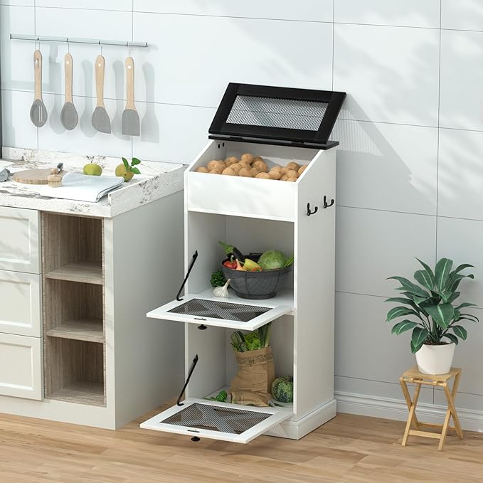 Wooden Potato and Onion Storage Bin w/Lid, Large Capacity and Ventilated Design, Ideal for Pantry, Kitchen White