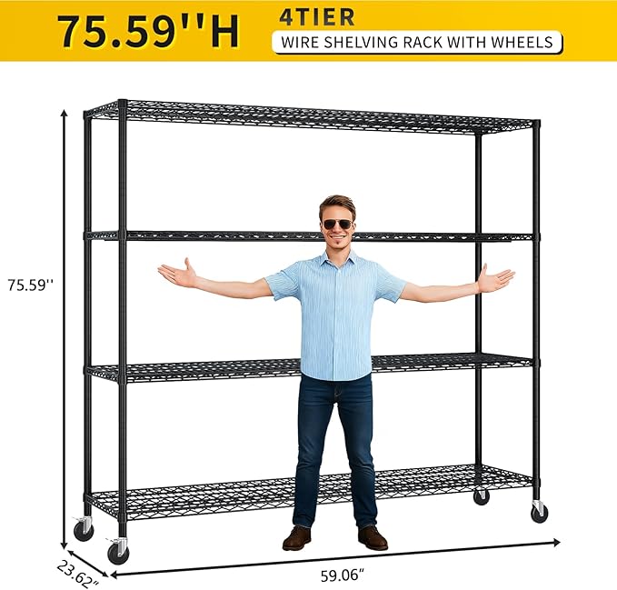 Karl home 4-Tier Metal Storage Shelves, Adjustable Wire Shelving Unit with Wheels & Leveling Feet, Heavy Duty Garage Shelving, Pantry & Kitchen Display Shelf Organizer, Home Storage Rack