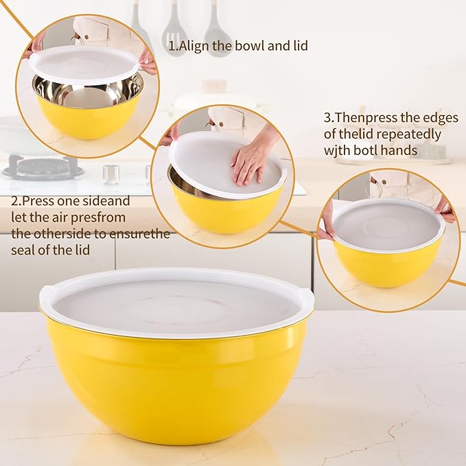 Moxinox Yellow Mixing Bowls with Airtight Lids, Stainless Steel Nesting Mixing Bowls Set of 7, Ideal for Baking, Prepping and Serving Food, Size 7, 3.6, 2.7, 2.1, 1.5, 1.1,0.8 QT, Stackable Design