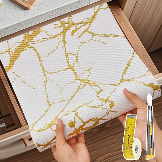 Drawer and Shelf Liner for Kitchen Cabinet Non Slip Waterproof Shelf Paper 12 in X 30 Ft Non Adhesive Refrigerator Liners Gold White Marble Easy Liners for Bathroom Cupboard