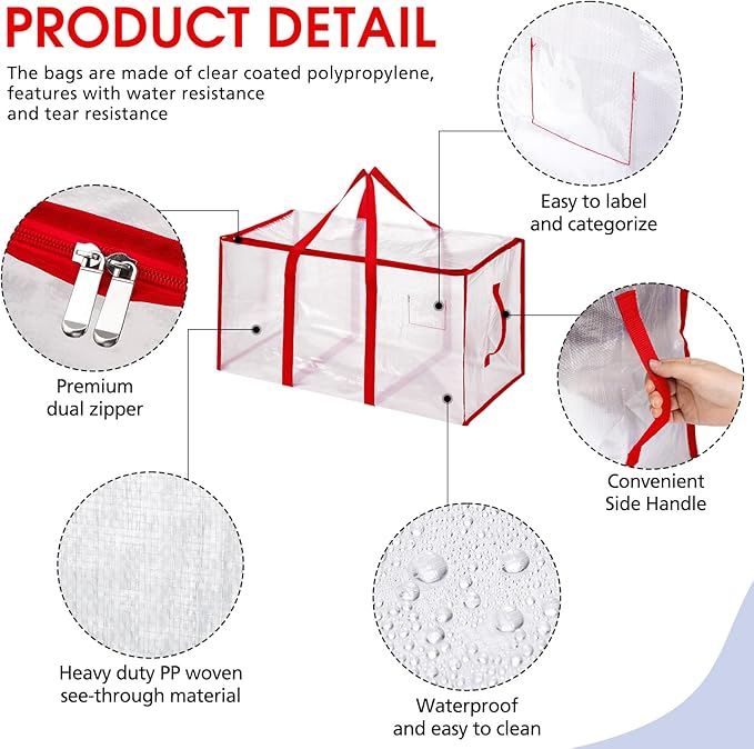 Aliceset 12-Pack Clear Moving Bags 90.84L Heavy Duty Extra Large Storage Totes with Reinforced Handles & Zippers, for Moving, College Dorm, Traveling(Red)