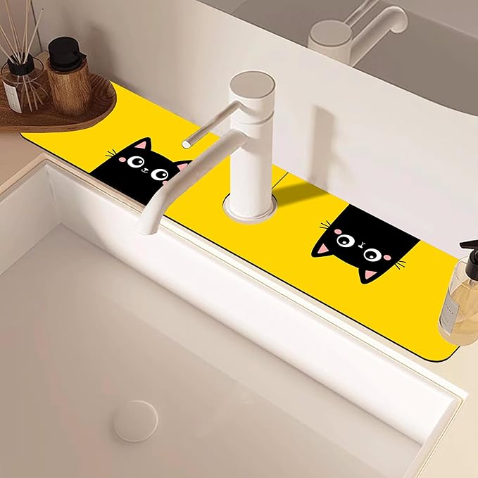 Cute Black Cat Head Kitchen Sink Splash Guard Mat Absorbent Fast Drying Mat Faucet Draining Mat Sink Splash Guard Behind Faucet Drip Catcher for Kitchen Bathroom 5.5"×24"
