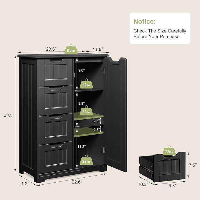 Gizoon Small Pantry Cabinet with Door and Shelves, 33'' Kitchen Pantry Cabinet Freestanding Wooden Bathroom Storage Cabinet with 4 Drawers for Kitchen and Dining Room, Black
