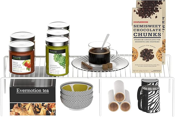 GEDLIRE Kitchen Cabinet Expandable Shelf Organizers Set of 4, Adjustable Metal Wire Pantry Storage Shelves, Plate Dish Organizer Rack for Cabinets, Cupboard, Counter, Freezer, Countertop, White