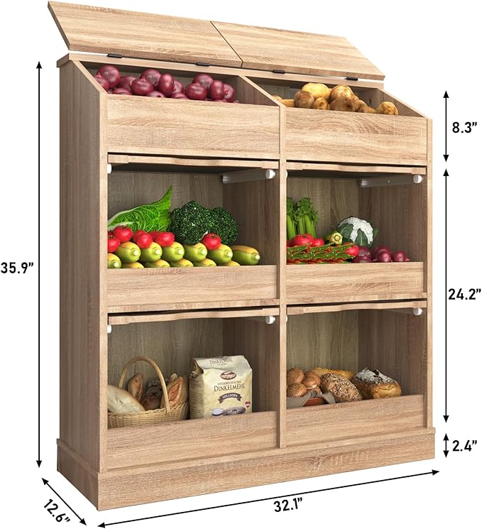 Potato Storage Bin Bread Box W/Lid,Rustic Onion&Fruit Organizer with Wood Hidden Door,Farmhouse Grocery Section Decorative,Vegetable Organization Cabinet W/Mesh Door for Kitchen Dining Room(Natural)