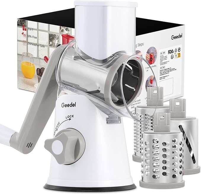 Geedel Rotary Cheese Grater, Kitchen Mandoline Vegetable Slicer with 3 Interchangeable Blades, Easy to Clean Rotary Grater Slicer for Fruit, Vegetables, Nuts