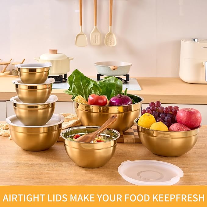 Onlycooker Gold Mixing Bowls With Airtight Lids,Stainless Steel Bowl,Salad Bowls 7 Piece Colorful Nesting Bowl Gold Kitchen Accessories,Size 7,3.6,2.7,2.1,1.5,1.1,0.8QT Stackable Design