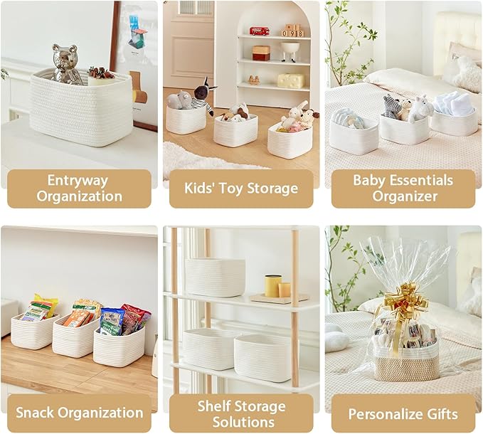 R RUNKA Small Cotton Rope Basket – Storage Bin for Organizing (10.6" x 6.7" x 6.7"), Bathroom Storage Basket for Shelf, Counter & Closet（White）