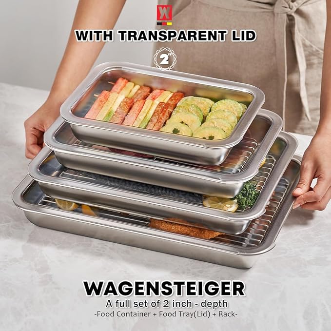 Stainless Steel Food Prep Container Set with Rack & Transparent Lid, Catering Pan, Restaurant Pan, Buffet Party Pans, Hotel Pans, Food Storage (10.63 x 7.87 x 2 inches / 2.38Quarts)