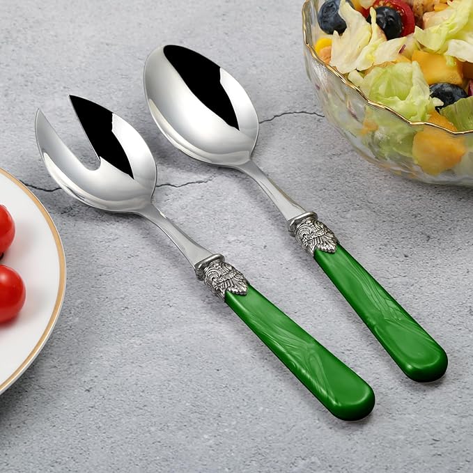 CATHYLIN 2-piece Salad Servers Stainless Steel Salad Serving Set Salad Fork and Spoon (Deep Green)