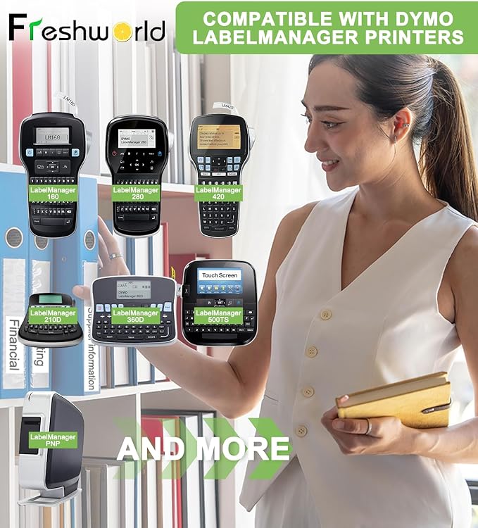 FreshWorld Replace for Dymo D1 Label Tape 45013 for Dymo Label Maker Refills d1 a45013 Black on White 1/2In x 23Ft Compatible with DYMO LabelManager 160 210D 260D/P 280 360D 420P PnP 220 500TS 450DUO