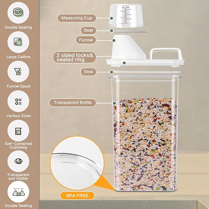 Air Tight Cereal Container Organizer Set of 3-1100ML Total 111oz, Dry Food Storage for Pet Food, Rice, Oatmeal with Pour Spout Lid & Small Plastic Measuring Cup for Flour and Sugar