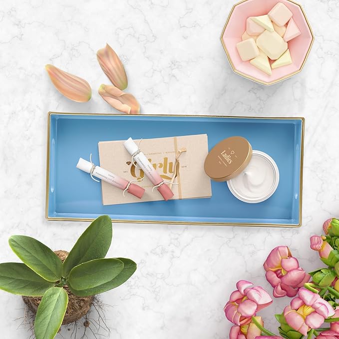 Leemxiiny Blue Bathroom Vanity Tray for Countertop, Small Plastic Toilet Tank Versatile Storage & Organization Tray for Makeup, Perfume, Desk, Kitchen, Candles, 13.7"x6"x1.4", 35BL