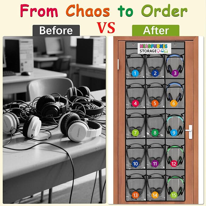 2 Pack Classroom Headphone Storage Organizer with 30 Pockets, PVC Clear Classroom Pocket Chart for Headphone Cell Phone Over-the-Door Hanging Headphone Holder Bag with 62 Labels(Grey)